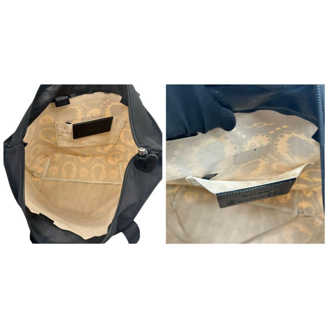 美品　ルルギネス　トートバッグ　黒　白　総柄　キャンバス　ワンショルダー　T7　A4収納　ハンドバッグ　ブラック　ホワイト　肩掛け可　肩かけ可　ロゴプレート　LULU GUINNESS