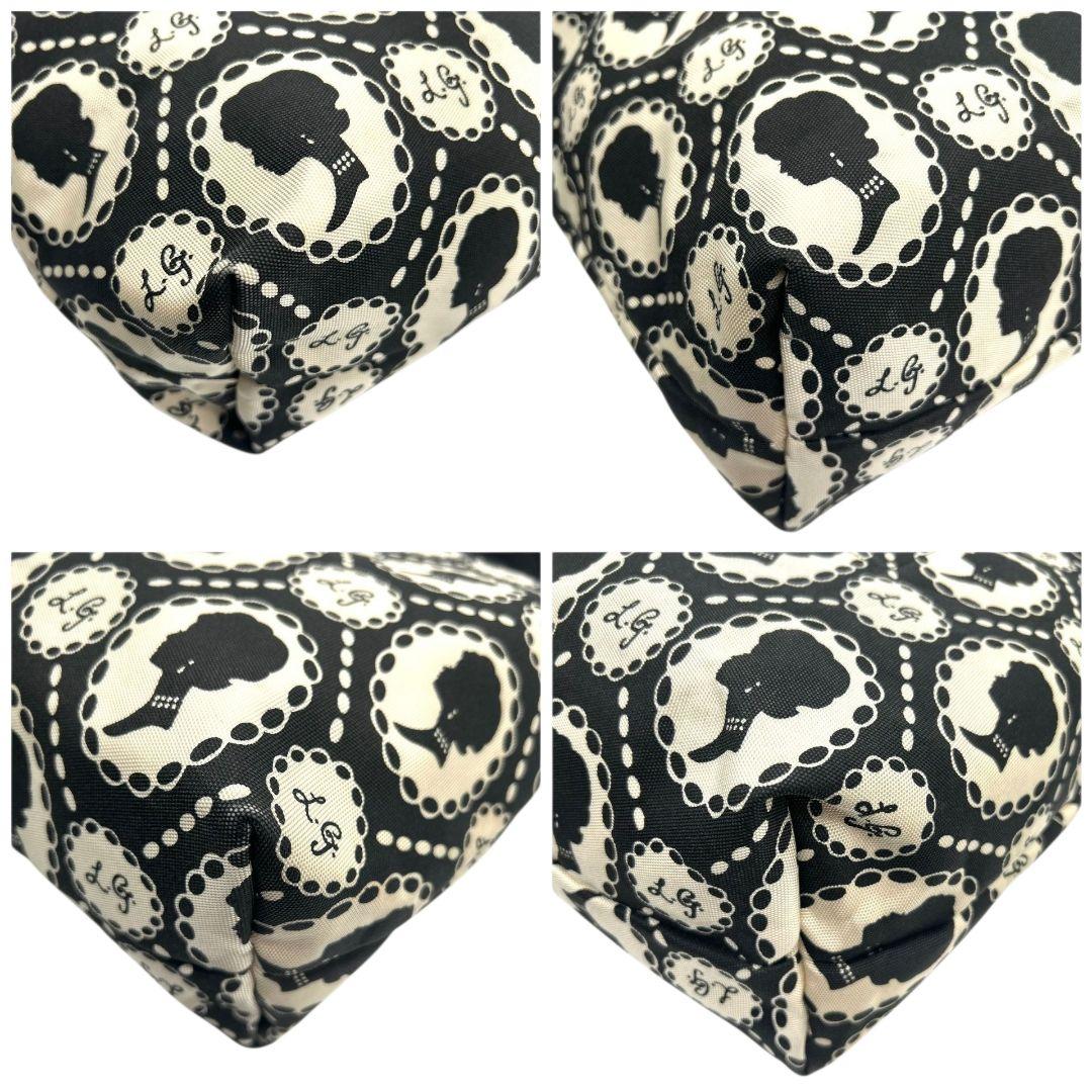 美品　ルルギネス　トートバッグ　黒　白　総柄　キャンバス　ワンショルダー　T7　A4収納　ハンドバッグ　ブラック　ホワイト　肩掛け可　肩かけ可　ロゴプレート　LULU GUINNESS