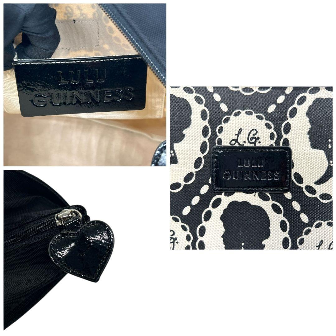 美品　ルルギネス　トートバッグ　黒　白　総柄　キャンバス　ワンショルダー　T7　A4収納　ハンドバッグ　ブラック　ホワイト　肩掛け可　肩かけ可　ロゴプレート　LULU GUINNESS