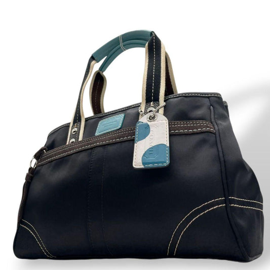 コーチ COACH ハンドバッグ トートバッグ ブラック 水色 ナイロン レザー 本革 ロゴプレート チャーム付き 自立可 シルバー金具 F11992 s46 レディース