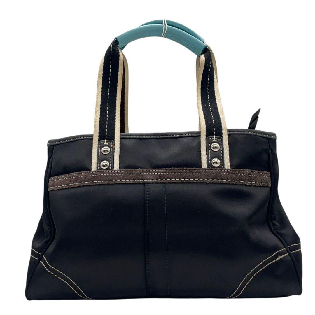 コーチ COACH ハンドバッグ トートバッグ ブラック 水色 ナイロン レザー 本革 ロゴプレート チャーム付き 自立可 シルバー金具 F11992 s46 レディース