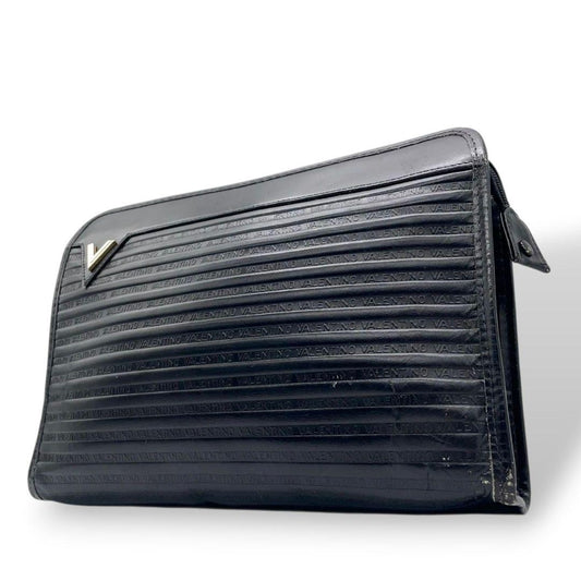 極美品 マリオヴァレンティノ セカンドバッグ 黒 総柄 ロゴ クラッチバッグ 本革 s94 レザー ブラック シルバー金具 ロゴプレート