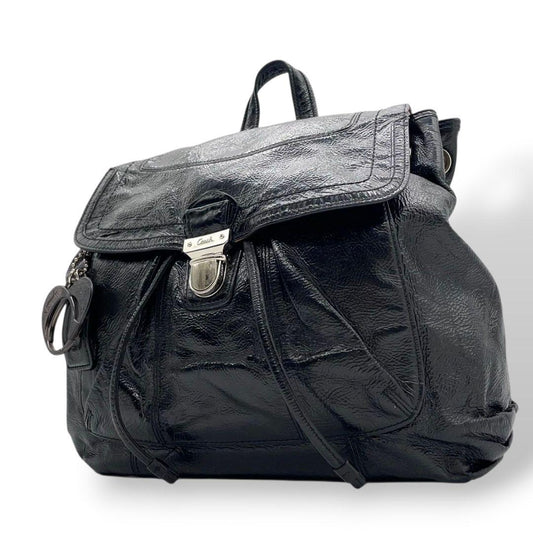 コーチ バックパック 黒 フラップ ターンロック パテントレザー s3 リュック A4収納 ブラック チャーム付き シルバー金具 エナメル 本革 COACH 17949