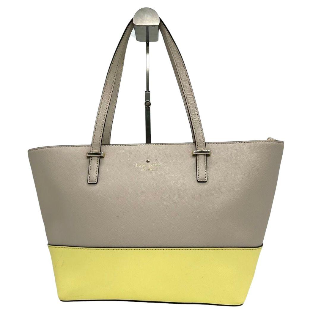 ケイトスペード トートバッグ グレー イエロー 黄 バイカラー PVC 自立可 ワンショルダー 肩掛け可 ハンドバッグ ゴールド金具 ロゴ kate spade E2