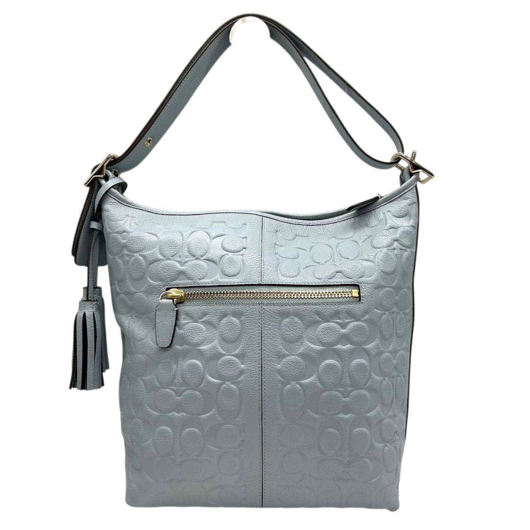 美品 COACH コーチ ショルダーバッグ トート 2way シグネチャー エンボス 斜め掛け可 ワンショルダー レザー 本革 グレー×ライトブルー ロゴタグ タッセル ゴールド金具 T6