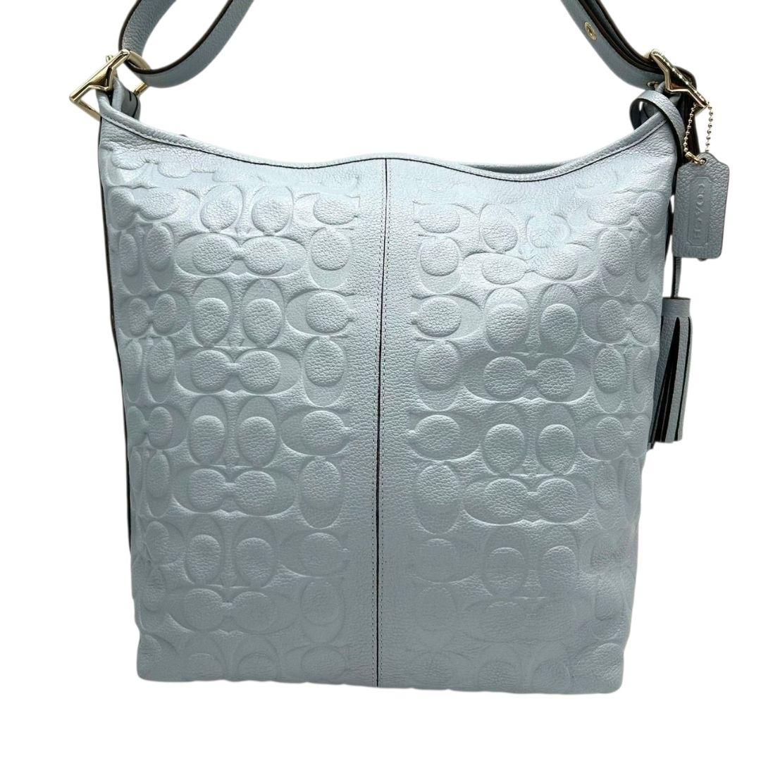 美品 COACH コーチ ショルダーバッグ トート 2way シグネチャー エンボス 斜め掛け可 ワンショルダー レザー 本革 グレー×ライトブルー ロゴタグ タッセル ゴールド金具 T6
