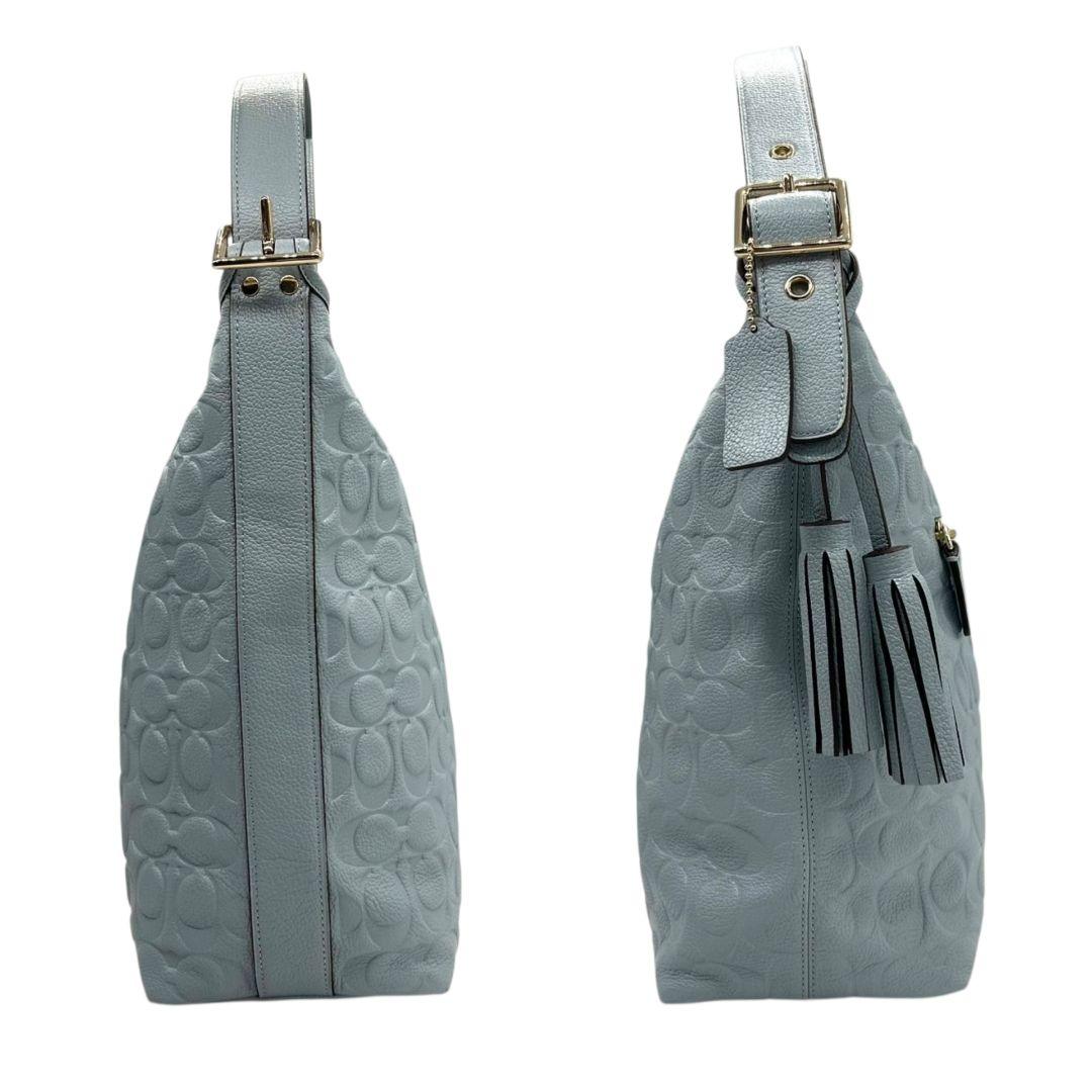 美品 COACH コーチ ショルダーバッグ トート 2way シグネチャー エンボス 斜め掛け可 ワンショルダー レザー 本革 グレー×ライトブルー ロゴタグ タッセル ゴールド金具 T6