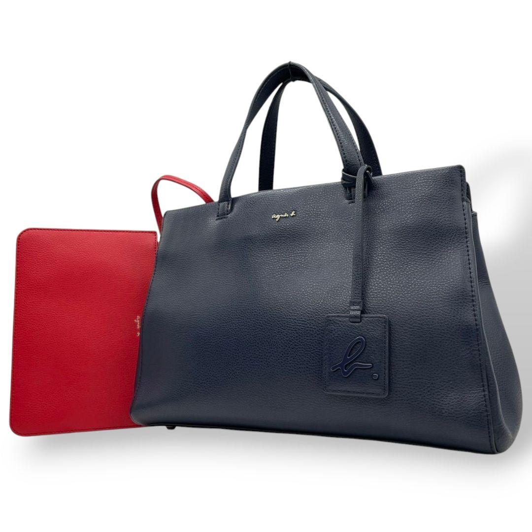 アニエスベー ハンドバッグ ソフィ 紺 A4収納 レザー t3 ネイビー 本革 ポーチ付属 自立可 ロゴチャーム ゴールド金具 トートバッグ agnes b.