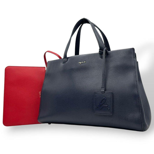 アニエスベー ハンドバッグ ソフィ 紺 A4収納 レザー t3 ネイビー 本革 ポーチ付属 自立可 ロゴチャーム ゴールド金具 トートバッグ agnes b.