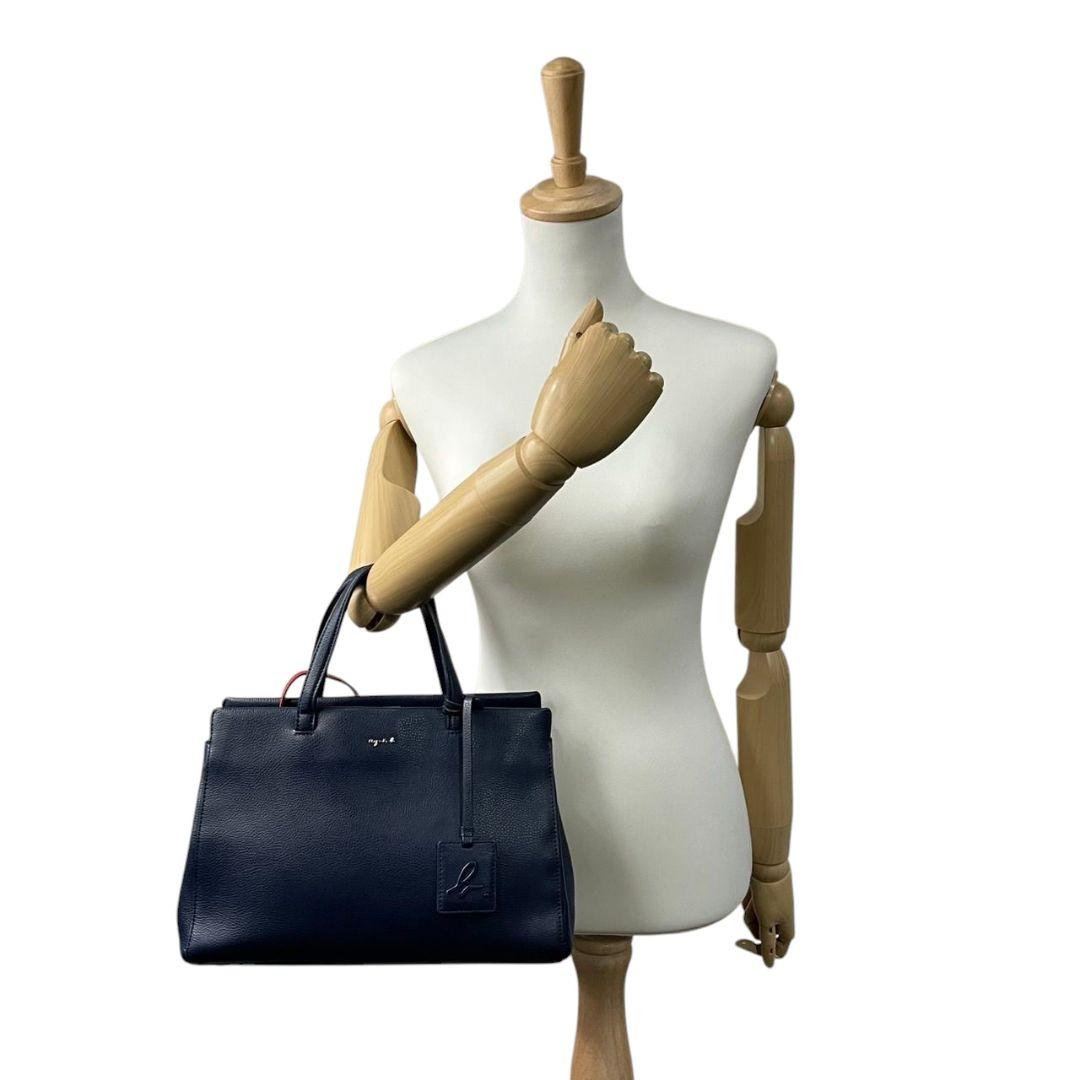 アニエスベー ハンドバッグ ソフィ 紺 A4収納 レザー t3 ネイビー 本革 ポーチ付属 自立可 ロゴチャーム ゴールド金具 トートバッグ agnes b.