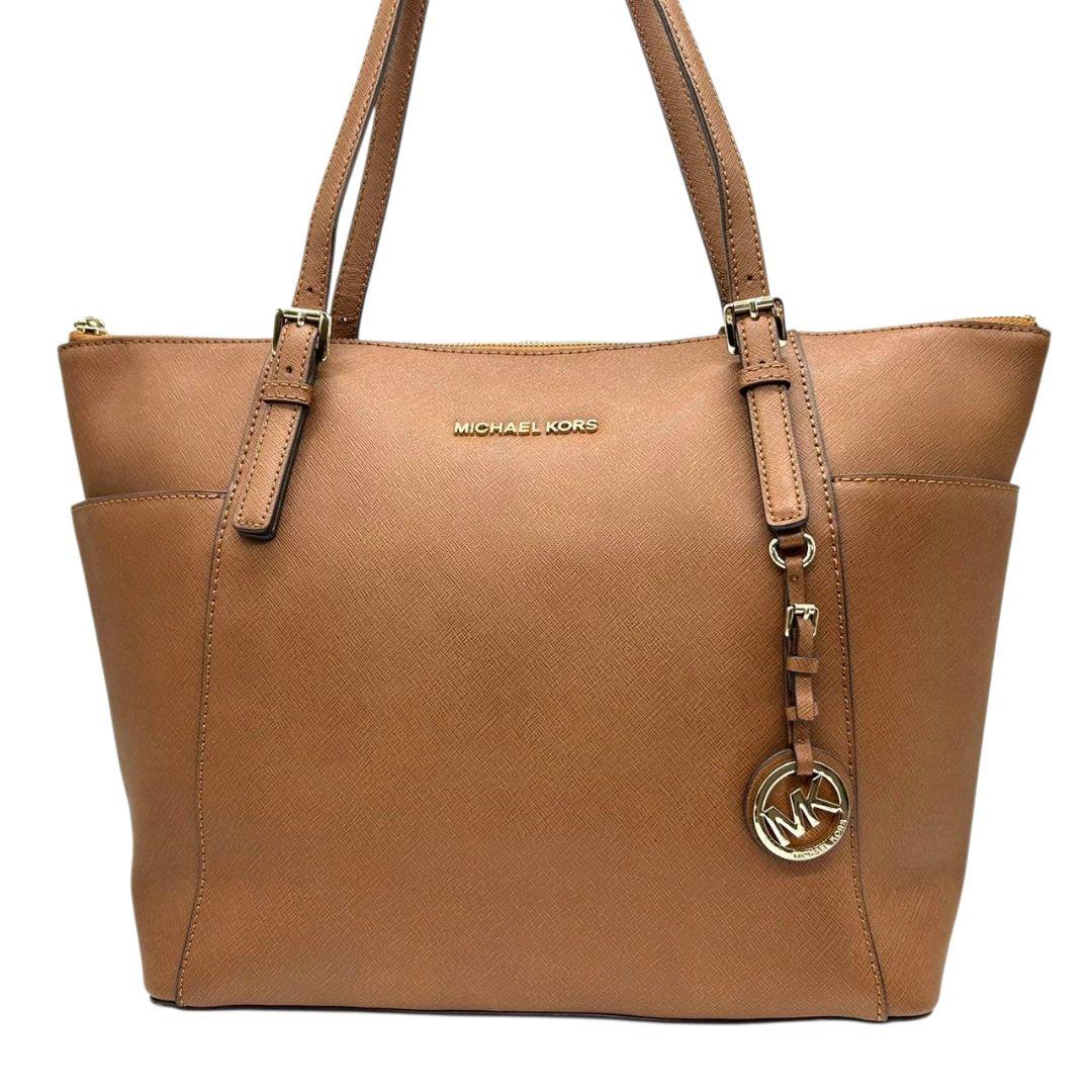 マイケルコース トートバッグ 茶 サフィアーノ ロゴ ワンショルダー PVC S ハンドバッグ A4収納 自立可 肩掛け可 肩かけ可 レザー ゴールド金具 ロゴプレート チャーム付き ブラウン MICHAEL KORS
