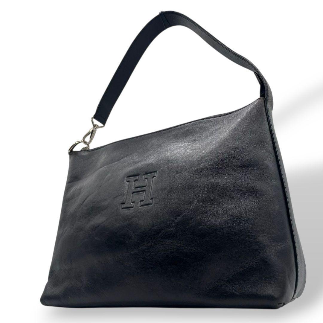 美品 ヒロフ ハンドバッグ 黒 ブラック Hロゴ トートバッグ レザー 本革 ワンショルダー 肩掛け可 自立可 シルバー金具 ロゴ刻印 本物保証 鑑定済 オシャレ HIROFU s23