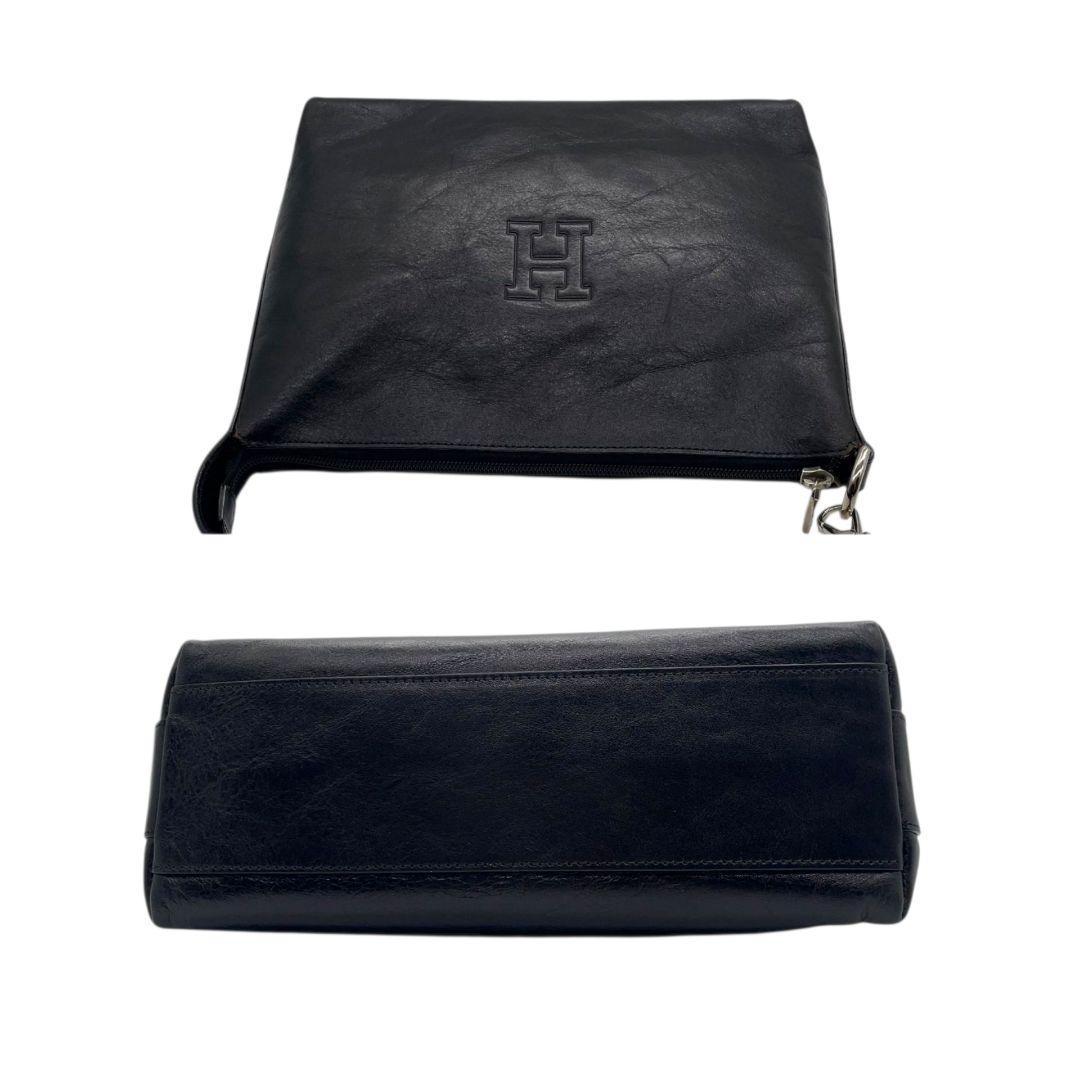 美品 ヒロフ ハンドバッグ 黒 ブラック Hロゴ トートバッグ レザー 本革 ワンショルダー 肩掛け可 自立可 シルバー金具 ロゴ刻印 本物保証 鑑定済 オシャレ HIROFU s23