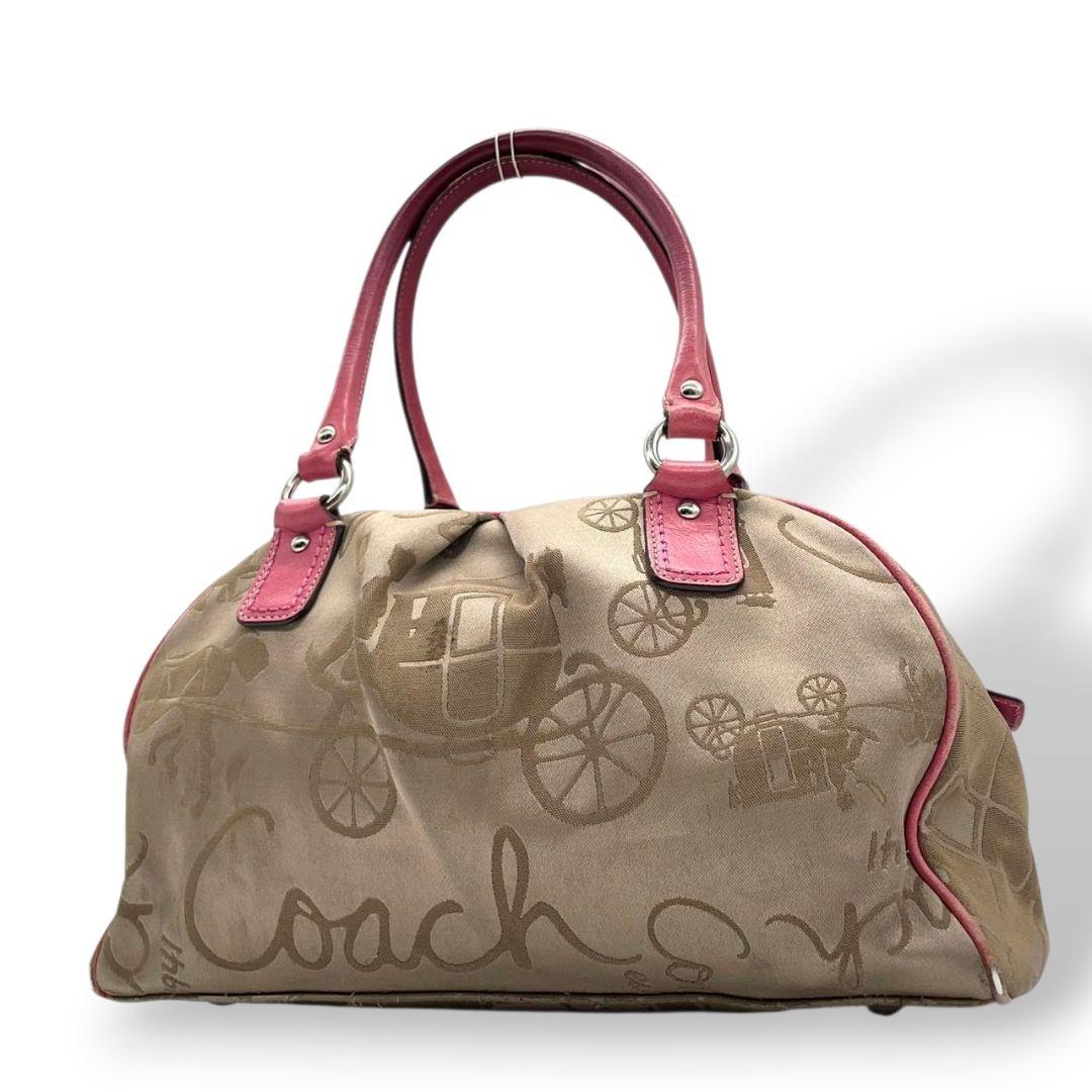 コーチ ハンドバッグ 茶 馬車柄 キャンバス ワンショルダー COACH u15 トートバッグ 肩掛け可 肩かけ可 ブラウン ピンク レザー 本革 シルバー金具 F14481