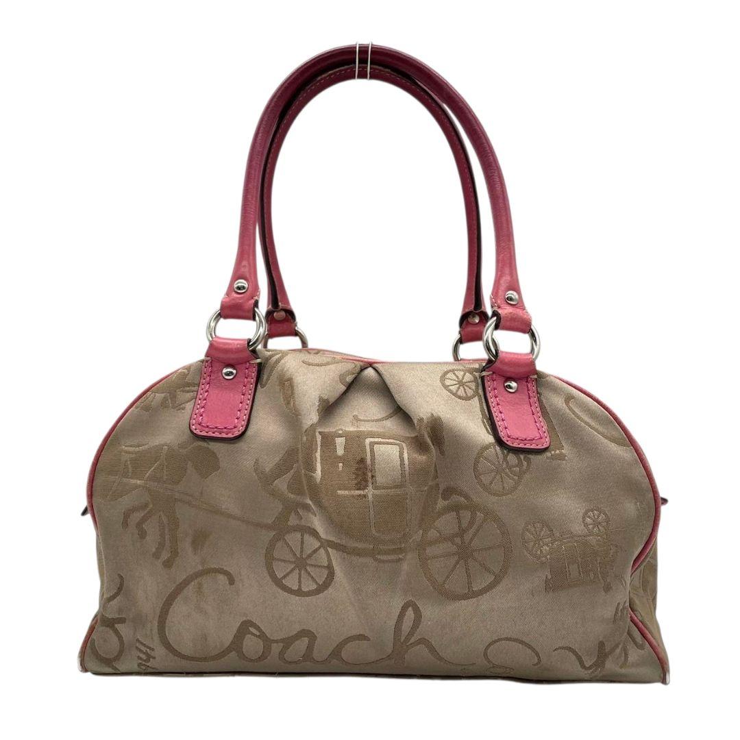 コーチ ハンドバッグ 茶 馬車柄 キャンバス ワンショルダー COACH u15 トートバッグ 肩掛け可 肩かけ可 ブラウン ピンク レザー 本革 シルバー金具 F14481