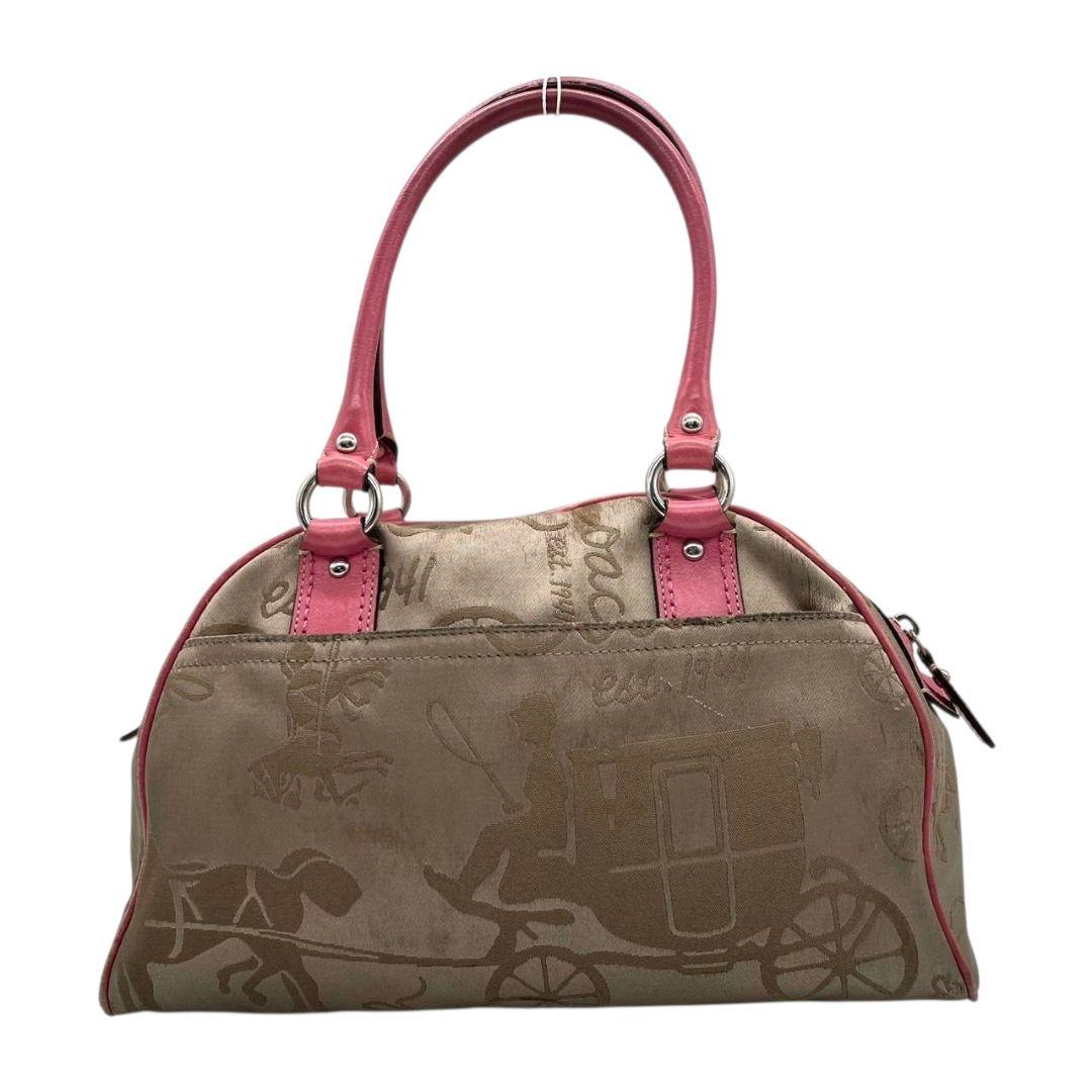 コーチ ハンドバッグ 茶 馬車柄 キャンバス ワンショルダー COACH u15 トートバッグ 肩掛け可 肩かけ可 ブラウン ピンク レザー 本革 シルバー金具 F14481