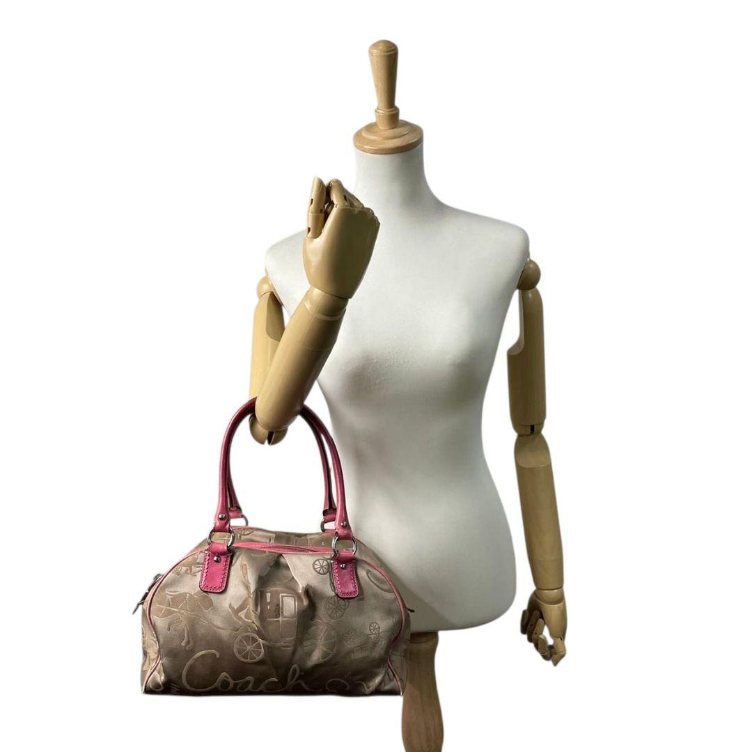 コーチ ハンドバッグ 茶 馬車柄 キャンバス ワンショルダー COACH u15 トートバッグ 肩掛け可 肩かけ可 ブラウン ピンク レザー 本革 シルバー金具 F14481