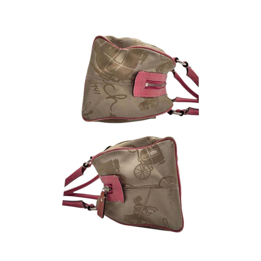 コーチ ハンドバッグ 茶 馬車柄 キャンバス ワンショルダー COACH u15 トートバッグ 肩掛け可 肩かけ可 ブラウン ピンク レザー 本革 シルバー金具 F14481
