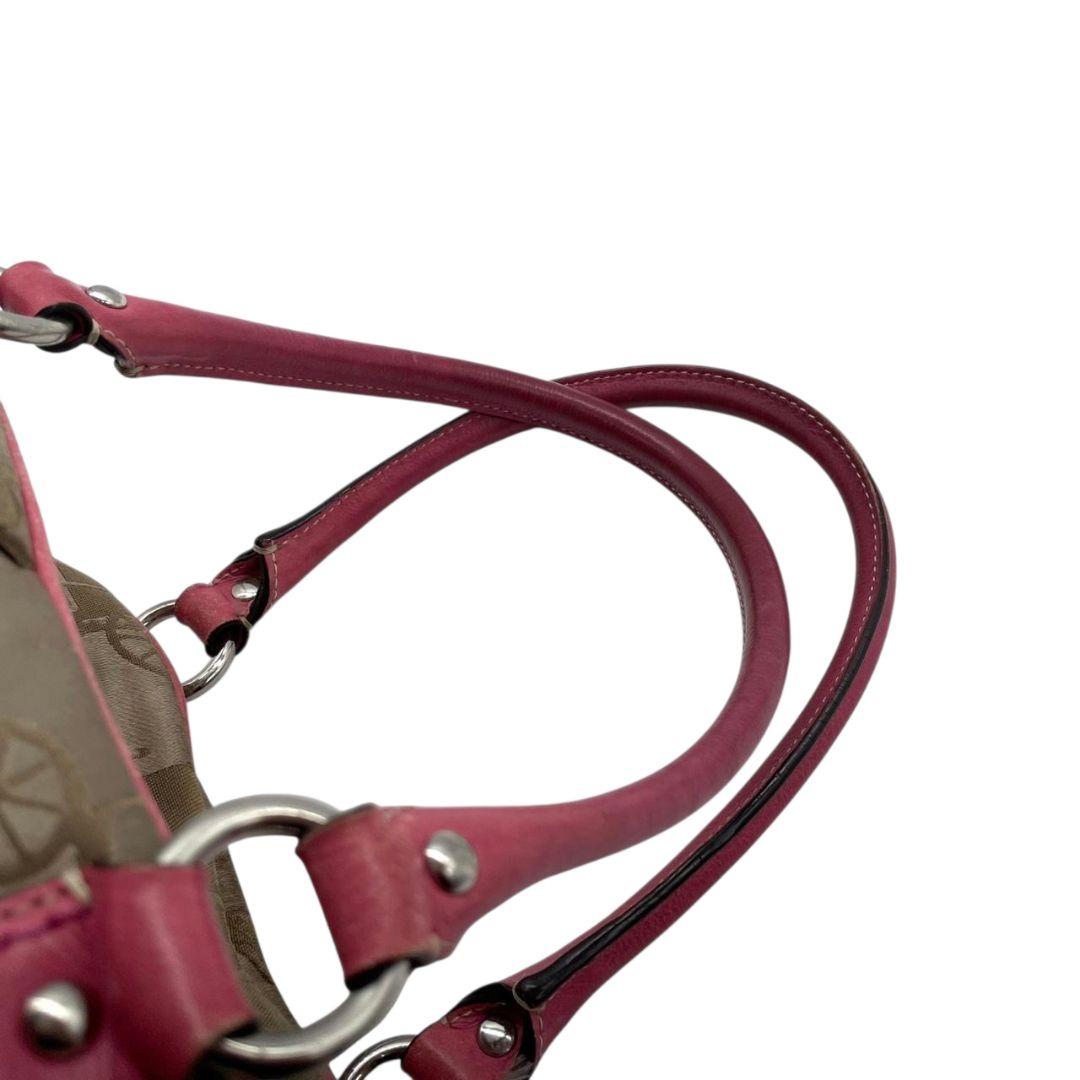 コーチ ハンドバッグ 茶 馬車柄 キャンバス ワンショルダー COACH u15 トートバッグ 肩掛け可 肩かけ可 ブラウン ピンク レザー 本革 シルバー金具 F14481