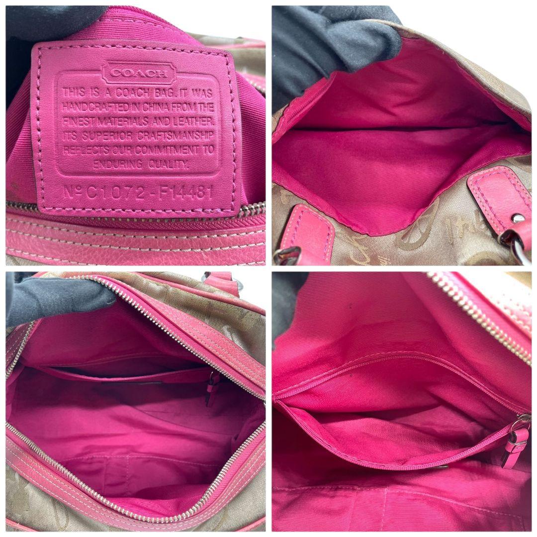 コーチ ハンドバッグ 茶 馬車柄 キャンバス ワンショルダー COACH u15 トートバッグ 肩掛け可 肩かけ可 ブラウン ピンク レザー 本革 シルバー金具 F14481