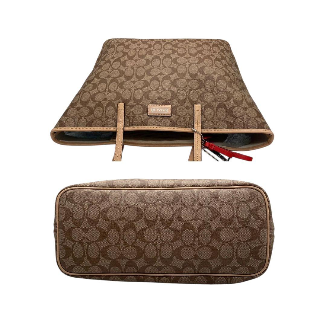 美品 コーチ トートバッグ 茶 シグネチャー ワンショルダー チャーム付き レザー T6 ハンドバッグ 肩掛け可 肩かけ可 PVC 本革 ブラウン ロゴプレート F27393