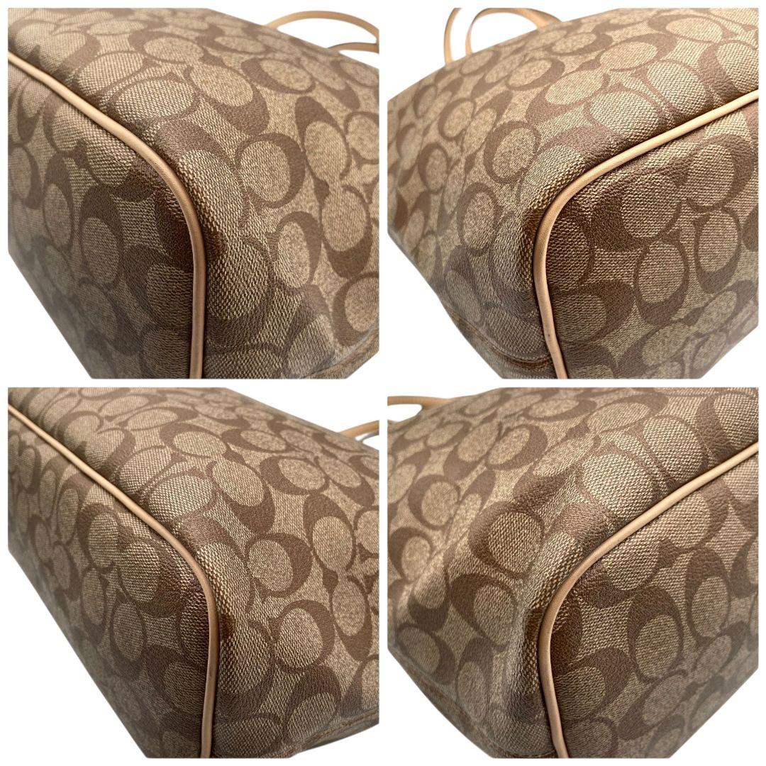 美品 コーチ トートバッグ 茶 シグネチャー ワンショルダー チャーム付き レザー T6 ハンドバッグ 肩掛け可 肩かけ可 PVC 本革 ブラウン ロゴプレート F27393