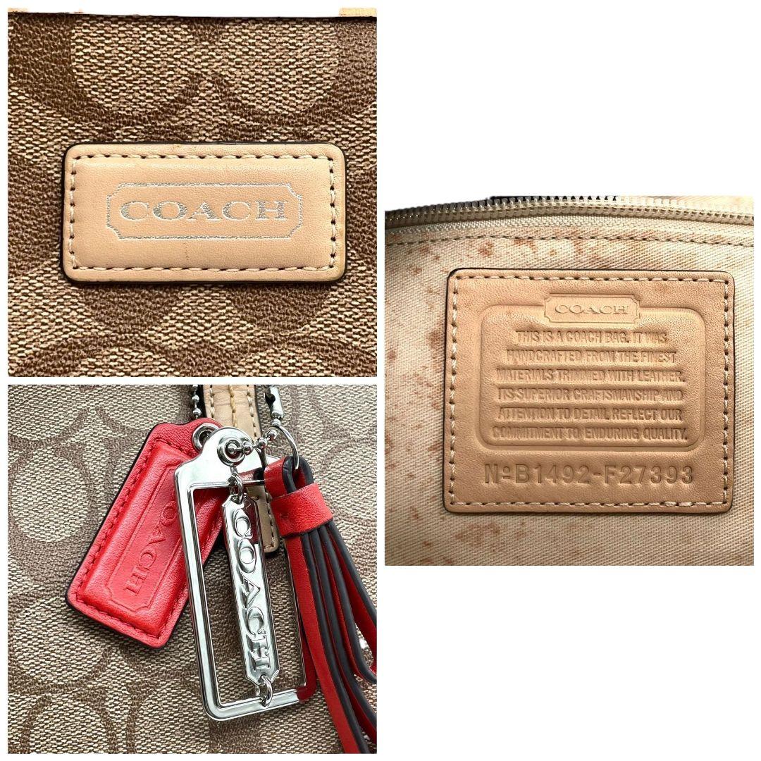 美品 コーチ トートバッグ 茶 シグネチャー ワンショルダー チャーム付き レザー T6 ハンドバッグ 肩掛け可 肩かけ可 PVC 本革 ブラウン ロゴプレート F27393