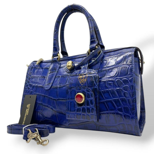 美品 トフアンドロードストーン ハンドバッグ 青 型押しレザー 2way U1 本革 斜め掛け可 TOFF&LOADSTONE 自立可 ショルダーバッグ トートバッグ ブルー ロゴプレート ゴールド金具 オシャレ