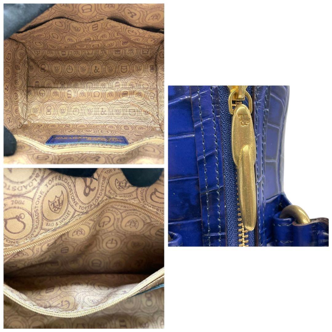 美品 トフアンドロードストーン ハンドバッグ 青 型押しレザー 2way U1 本革 斜め掛け可 TOFF&LOADSTONE 自立可 ショルダーバッグ トートバッグ ブルー ロゴプレート ゴールド金具 オシャレ