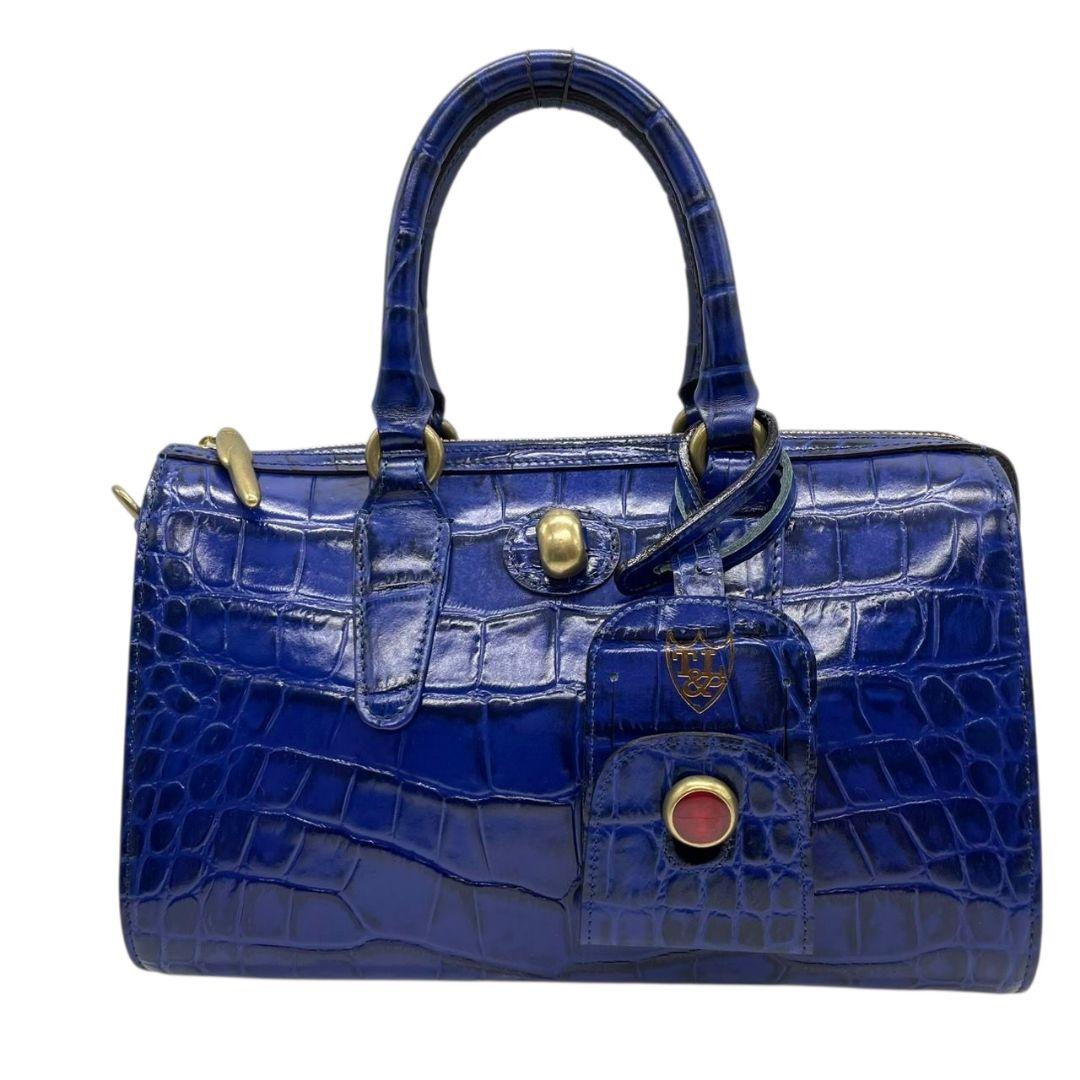 美品 トフアンドロードストーン ハンドバッグ 青 型押しレザー 2way U1 本革 斜め掛け可 TOFF&LOADSTONE 自立可 ショルダーバッグ トートバッグ ブルー ロゴプレート ゴールド金具 オシャレ