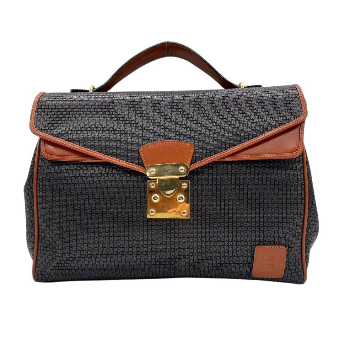 美品 バリー ハンドバッグ 黒 総柄 2WAY フラップ 斜め掛け可 ショルダーバッグ トートバッグ PVC レザー 本革 ゴールド金具 ロゴ ブラック ブラウン BALLY