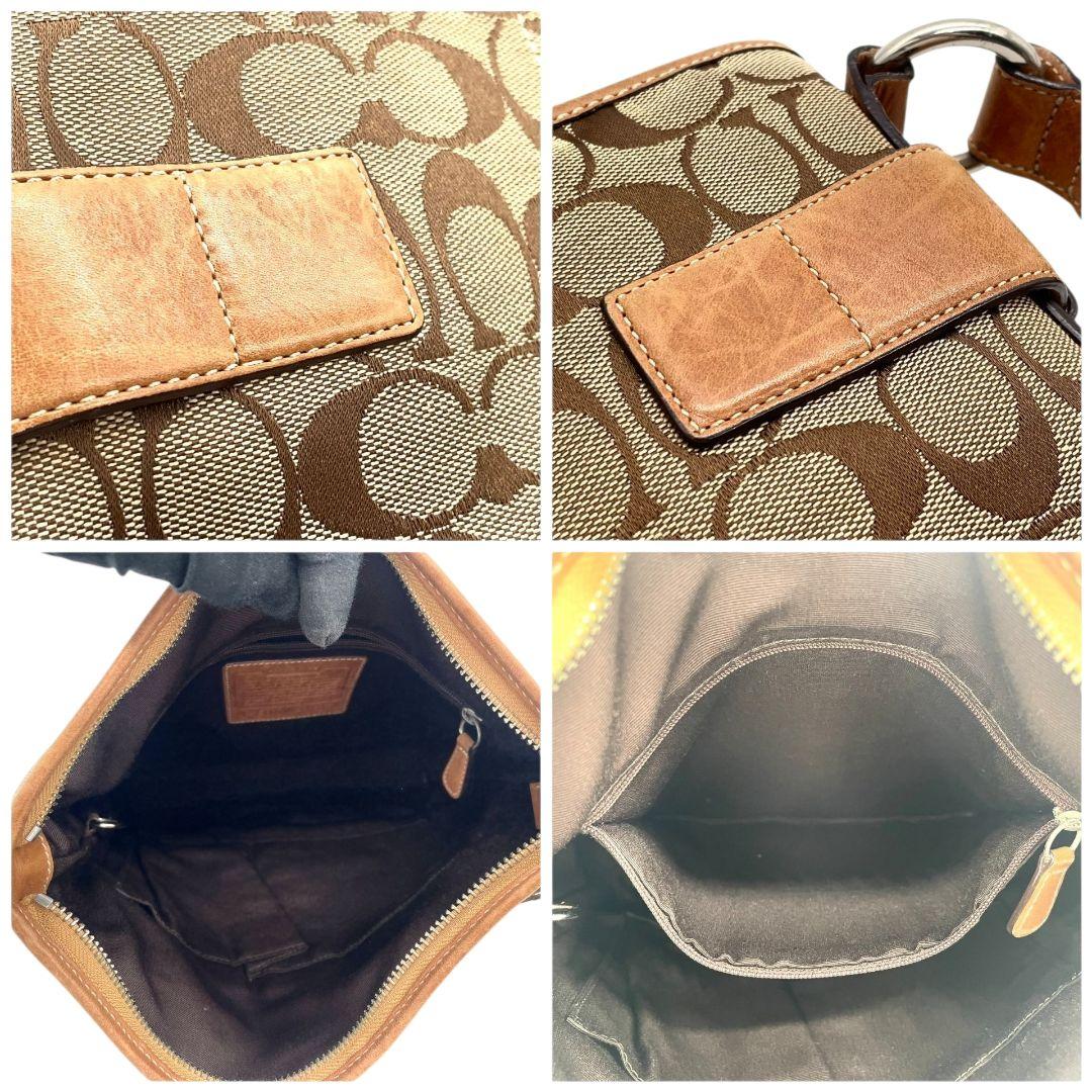 コーチ　ショルダーバッグ　茶　シグネチャー　斜め掛け可　キャンバス　s14　レザー　本革　ブラウン　シルバー金具　COACH　3574