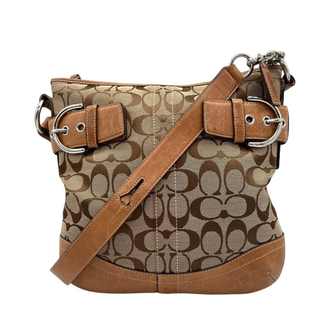 コーチ　ショルダーバッグ　茶　シグネチャー　斜め掛け可　キャンバス　s14　レザー　本革　ブラウン　シルバー金具　COACH　3574