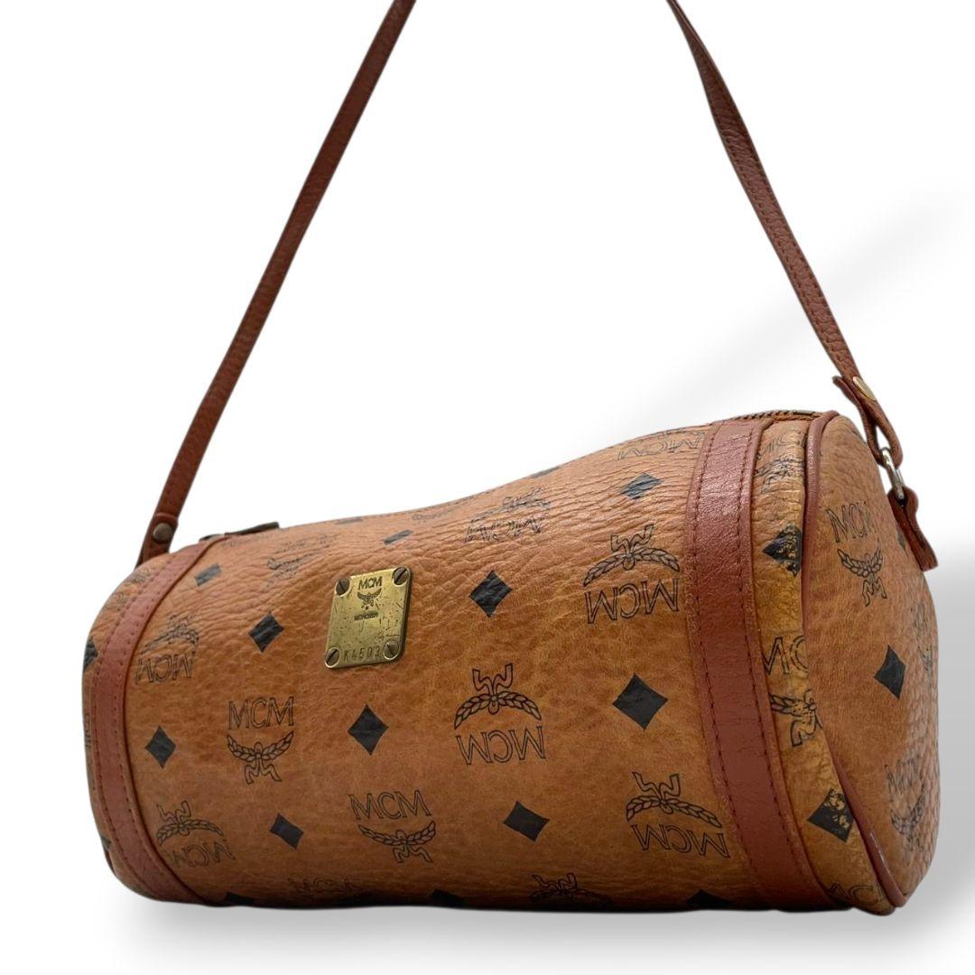 エムシーエム ショルダーバッグ 茶 ヴィセトス柄 ミニボストン 斜め掛け可 MCM ハンドバッグ レザー 本革 ブラウン ゴールド金具 ロゴプレート K4503 自立可