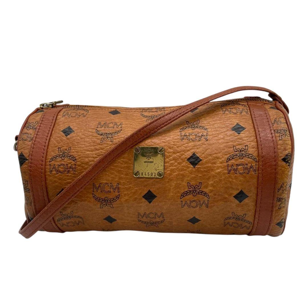 エムシーエム ショルダーバッグ 茶 ヴィセトス柄 ミニボストン 斜め掛け可 MCM ハンドバッグ レザー 本革 ブラウン ゴールド金具 ロゴプレート K4503 自立可