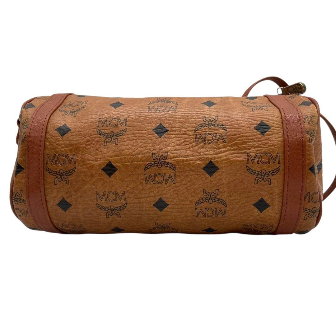 エムシーエム ショルダーバッグ 茶 ヴィセトス柄 ミニボストン 斜め掛け可 MCM ハンドバッグ レザー 本革 ブラウン ゴールド金具 ロゴプレート K4503 自立可