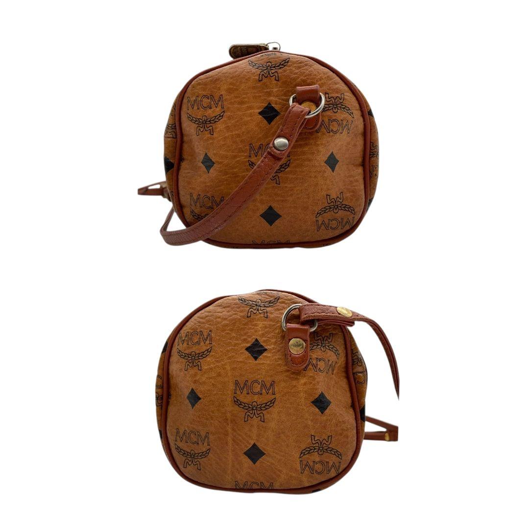 エムシーエム ショルダーバッグ 茶 ヴィセトス柄 ミニボストン 斜め掛け可 MCM ハンドバッグ レザー 本革 ブラウン ゴールド金具 ロゴプレート K4503 自立可