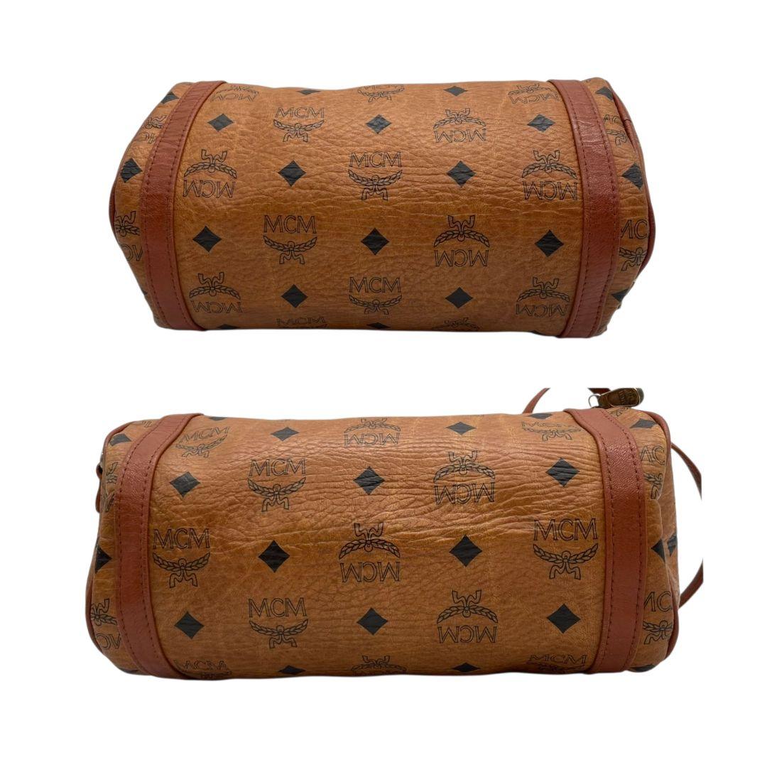 エムシーエム ショルダーバッグ 茶 ヴィセトス柄 ミニボストン 斜め掛け可 MCM ハンドバッグ レザー 本革 ブラウン ゴールド金具 ロゴプレート K4503 自立可