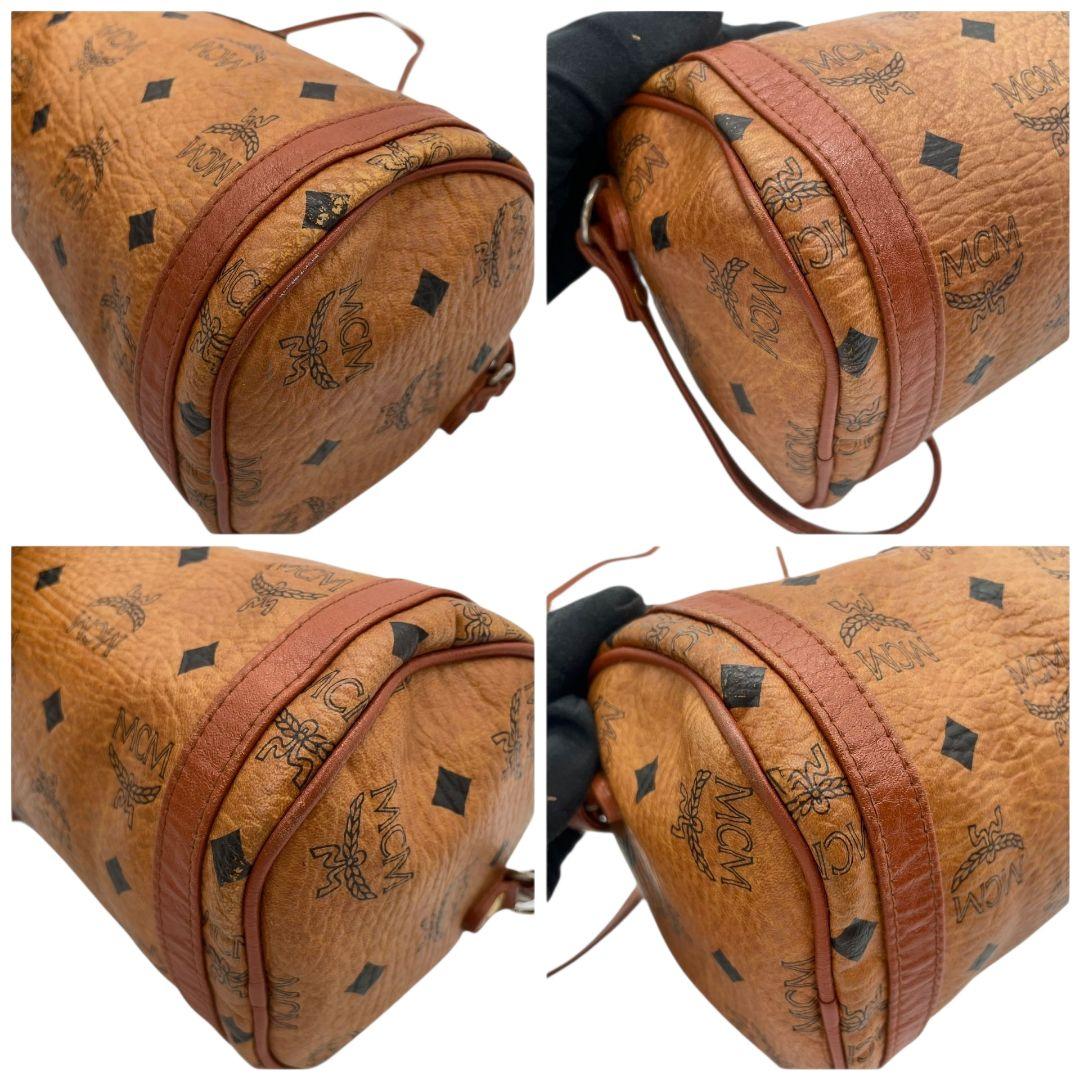 エムシーエム ショルダーバッグ 茶 ヴィセトス柄 ミニボストン 斜め掛け可 MCM ハンドバッグ レザー 本革 ブラウン ゴールド金具 ロゴプレート K4503 自立可