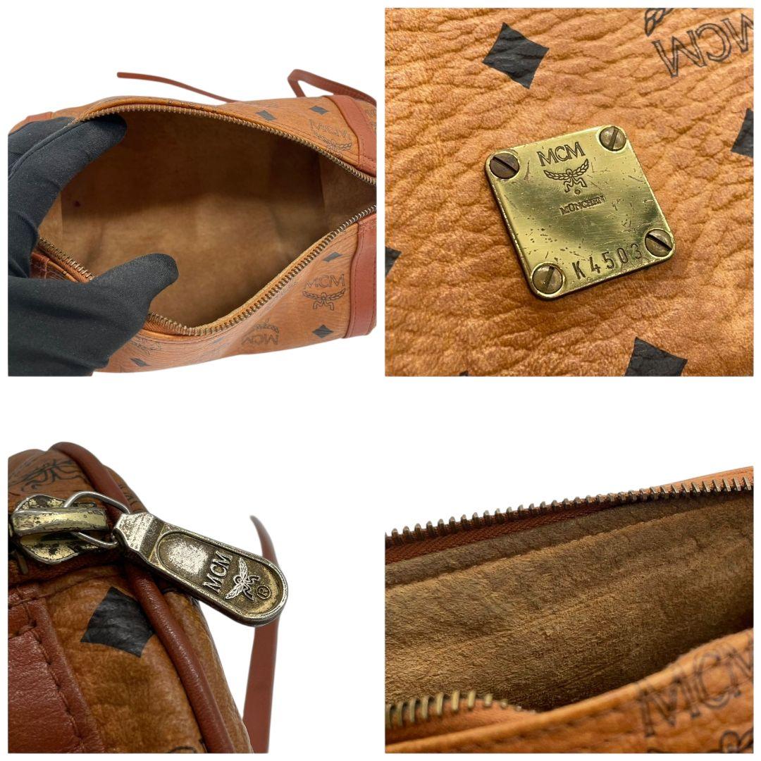 エムシーエム ショルダーバッグ 茶 ヴィセトス柄 ミニボストン 斜め掛け可 MCM ハンドバッグ レザー 本革 ブラウン ゴールド金具 ロゴプレート K4503 自立可