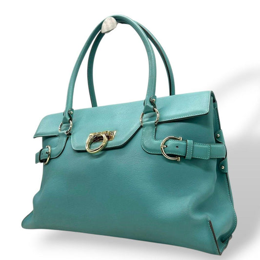 フェラガモ Ferragamo ハンドバッグ ガンチーニ フラップ グリーン ターコイズブルー A4収納 レザー 本革 トートバッグ 自立可 肩掛け可 ゴールド金具 保存袋付き E