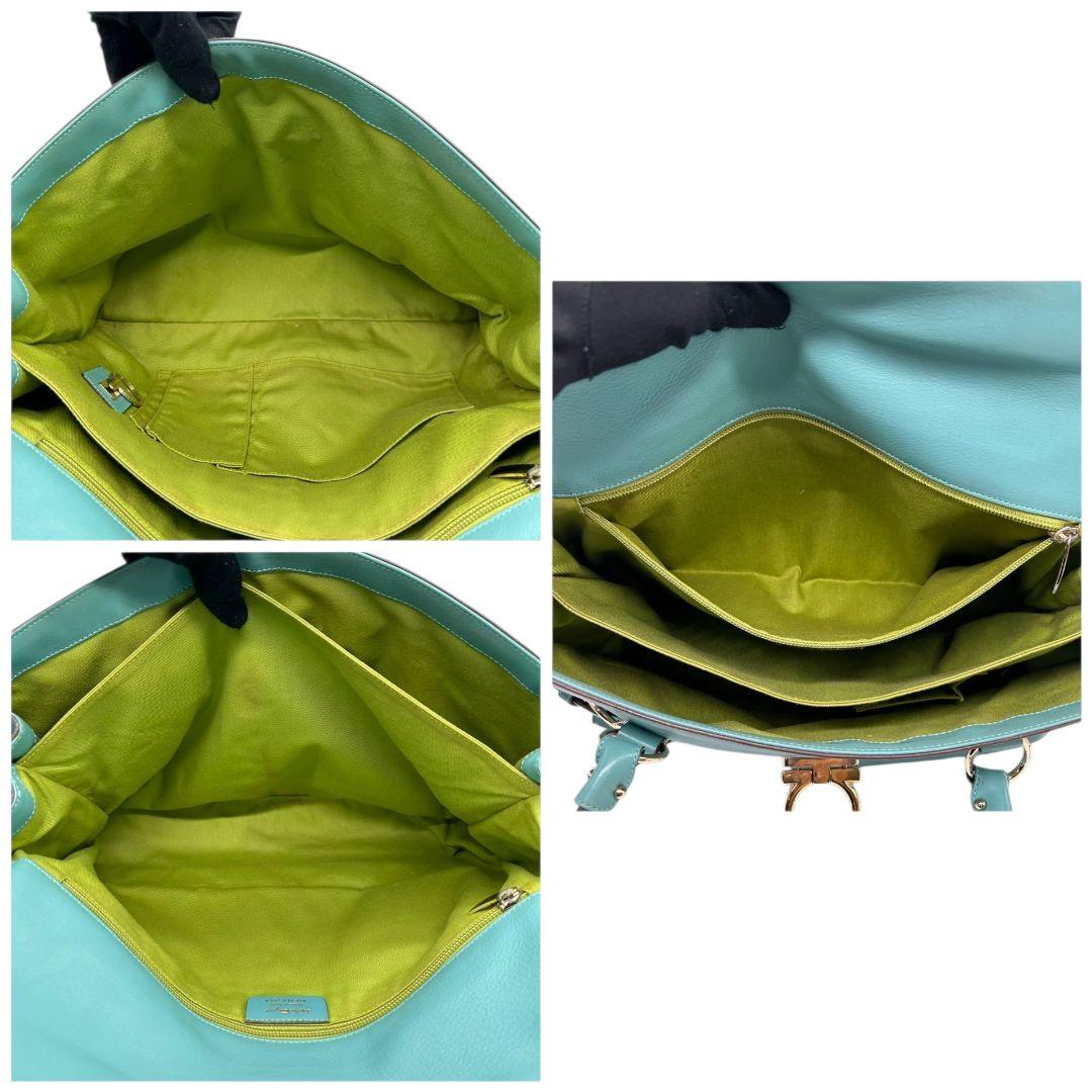 フェラガモ Ferragamo ハンドバッグ ガンチーニ フラップ グリーン ターコイズブルー A4収納 レザー 本革 トートバッグ 自立可 肩掛け可 ゴールド金具 保存袋付き E