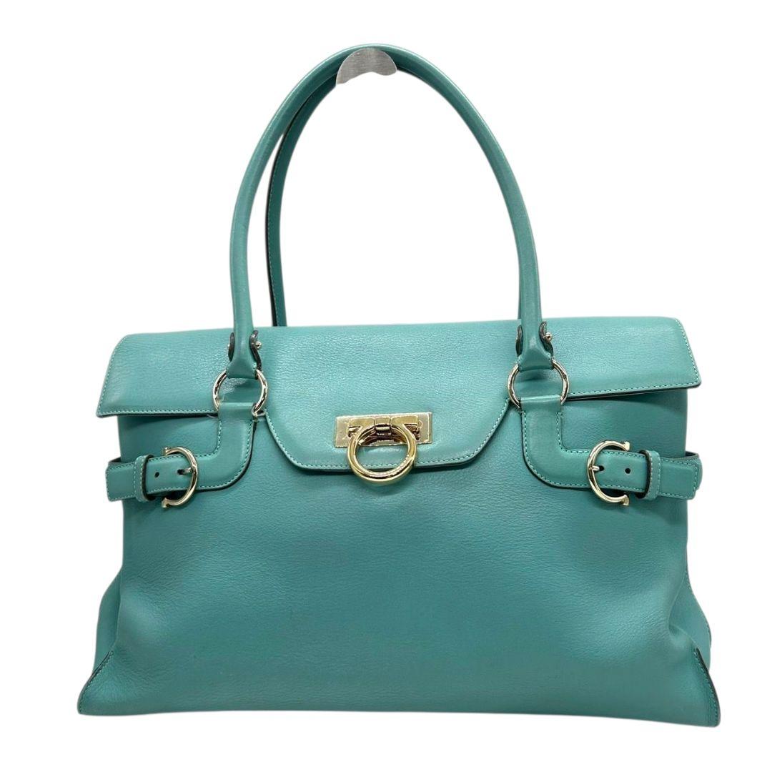 フェラガモ Ferragamo ハンドバッグ ガンチーニ フラップ グリーン ターコイズブルー A4収納 レザー 本革 トートバッグ 自立可 肩掛け可 ゴールド金具 保存袋付き E