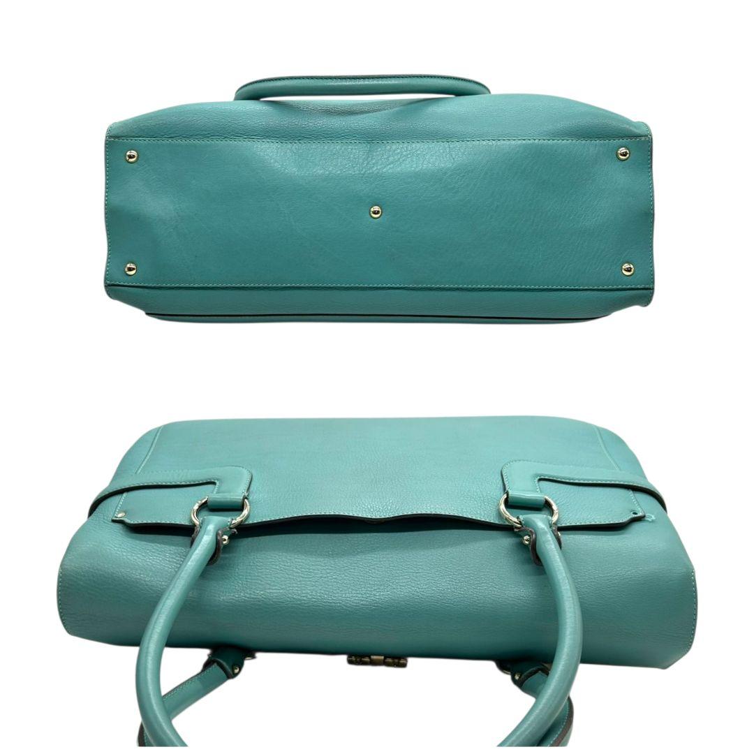 フェラガモ Ferragamo ハンドバッグ ガンチーニ フラップ グリーン ターコイズブルー A4収納 レザー 本革 トートバッグ 自立可 肩掛け可 ゴールド金具 保存袋付き E