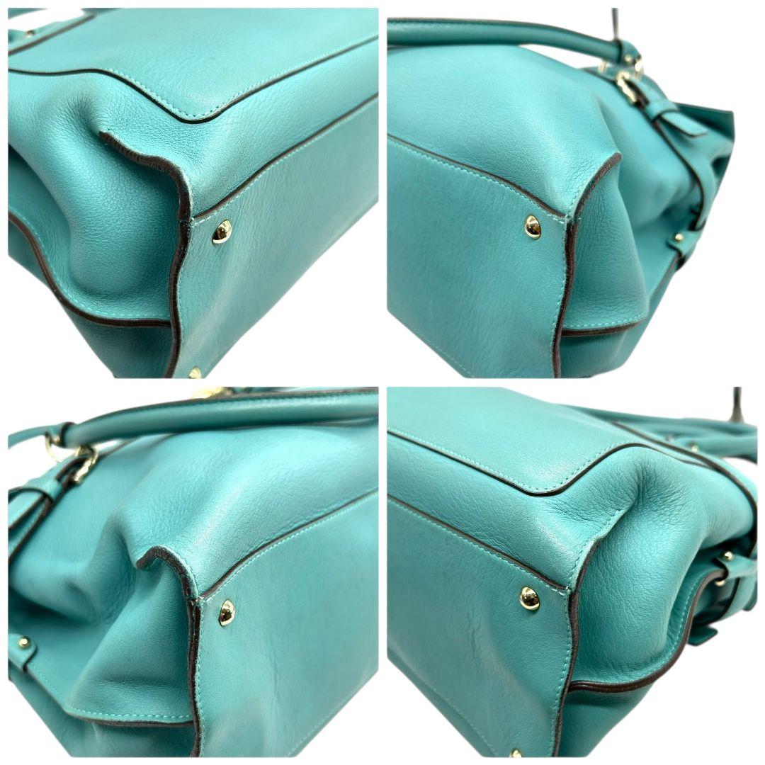 フェラガモ Ferragamo ハンドバッグ ガンチーニ フラップ グリーン ターコイズブルー A4収納 レザー 本革 トートバッグ 自立可 肩掛け可 ゴールド金具 保存袋付き E