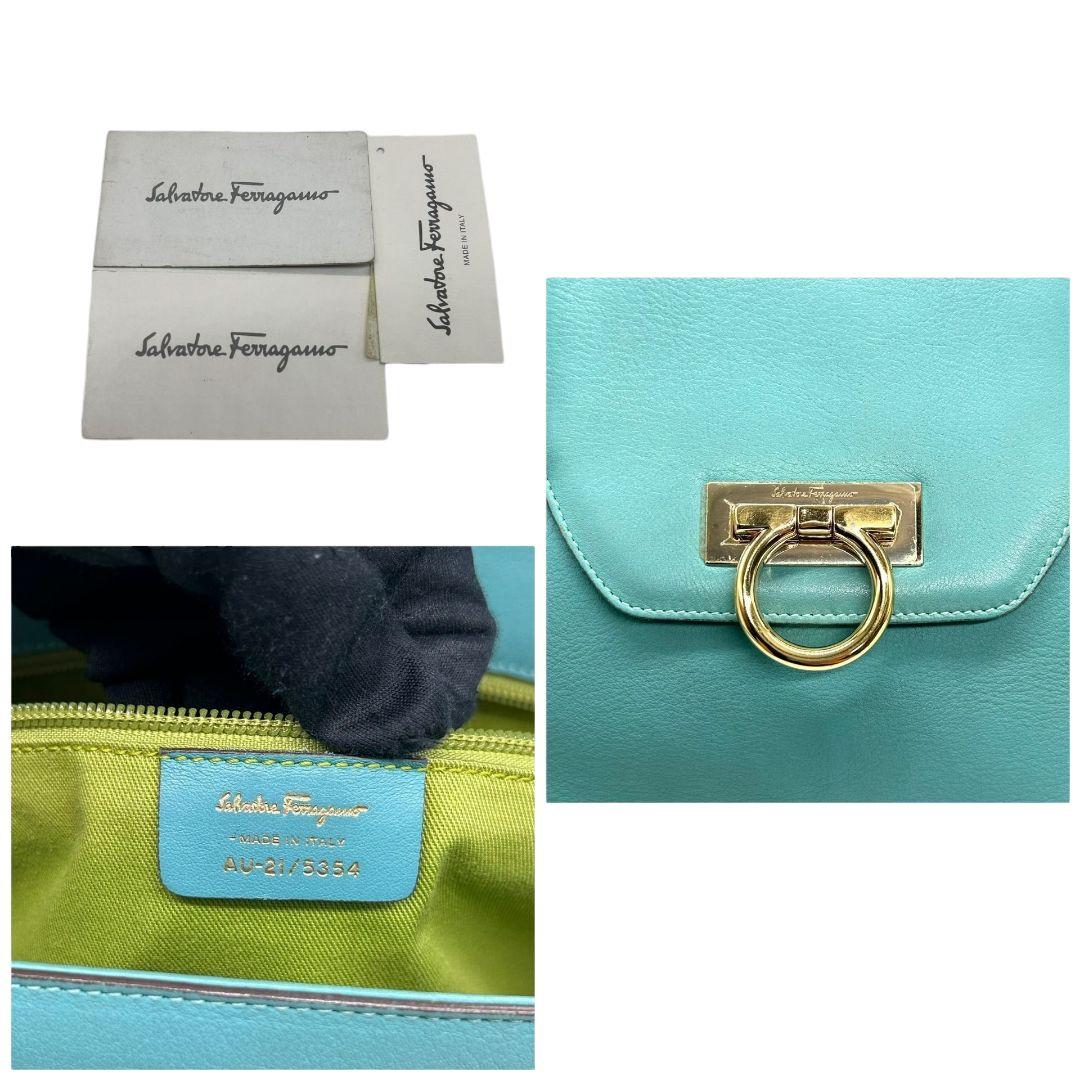 フェラガモ Ferragamo ハンドバッグ ガンチーニ フラップ グリーン ターコイズブルー A4収納 レザー 本革 トートバッグ 自立可 肩掛け可 ゴールド金具 保存袋付き E