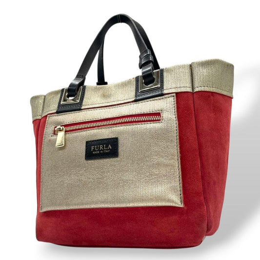 フルラ　ハンドバッグ　赤　バイカラー　スエード　レザー　本革　FURLA　T8　トートバッグ　ゴールド金具　シルバー金具　ロゴプレート　レッド　ゴールド