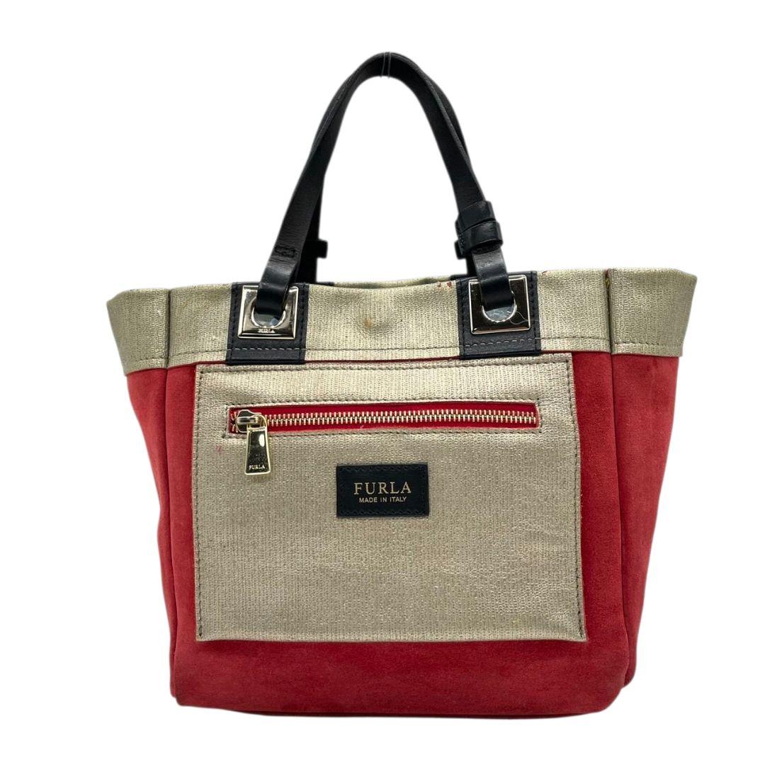 フルラ　ハンドバッグ　赤　バイカラー　スエード　レザー　本革　FURLA　T8　トートバッグ　ゴールド金具　シルバー金具　ロゴプレート　レッド　ゴールド