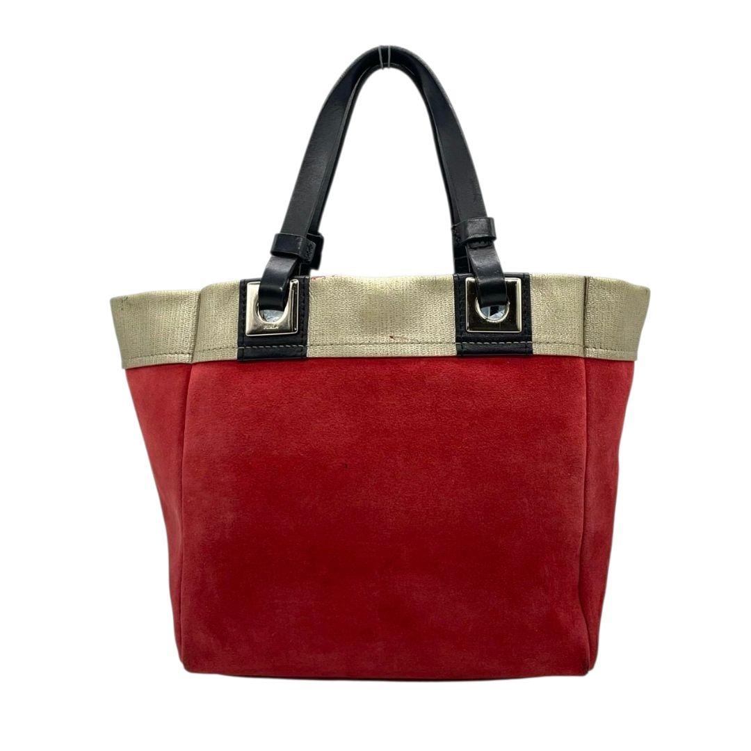フルラ　ハンドバッグ　赤　バイカラー　スエード　レザー　本革　FURLA　T8　トートバッグ　ゴールド金具　シルバー金具　ロゴプレート　レッド　ゴールド