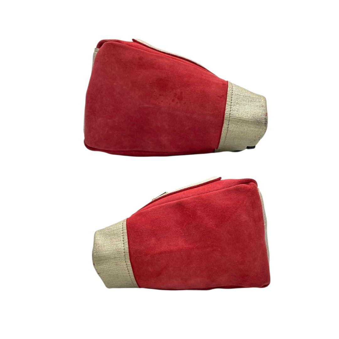 フルラ　ハンドバッグ　赤　バイカラー　スエード　レザー　本革　FURLA　T8　トートバッグ　ゴールド金具　シルバー金具　ロゴプレート　レッド　ゴールド